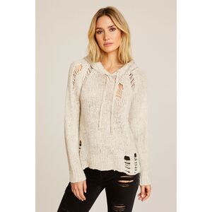 PAM & GELA Gray Distressed Hole Pullover Hoodie Sweater Top  Women's Size Large